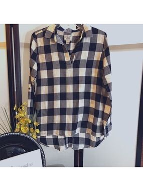 G.H. BASS & CO Women's Houndstooth Navy Blue Grey White V Neck Tunic Size S NWOT